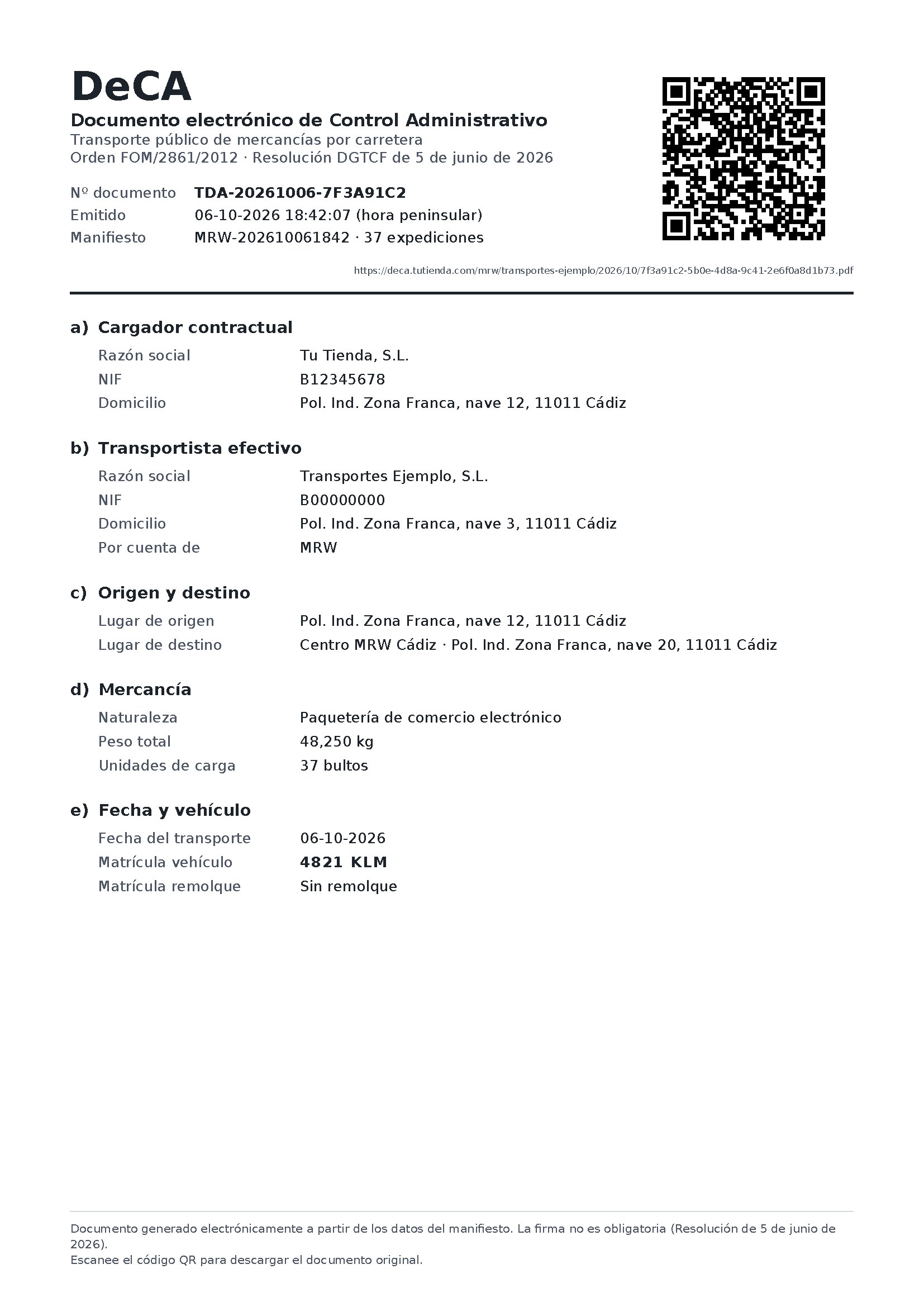 DeCA de ejemplo en PDF con el código QR arriba a la derecha y los apartados a) cargador contractual, b) transportista efectivo, c) origen y destino, d) mercancía y e) fecha y vehículo, con datos ficticios