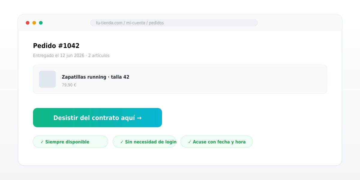 Ejemplo de botón de desistimiento «Desistir del contrato aquí» en la cuenta de cliente de una tienda online, con las garantías de estar siempre disponible, sin login y con acuse de fecha y hora